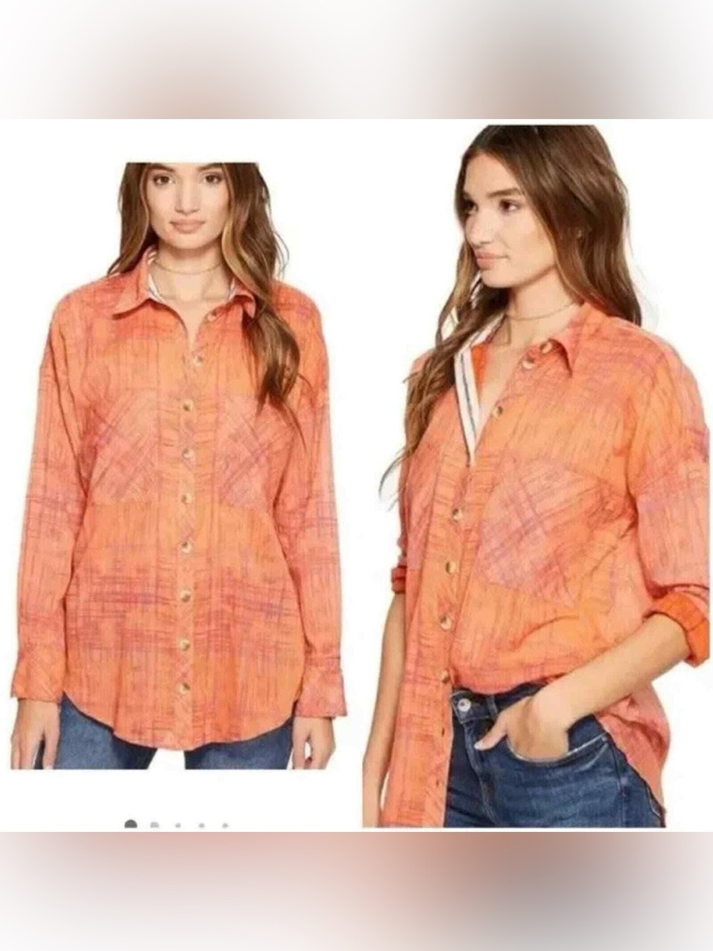 Free People Shore Vibes Button Down Coral Orange Relaxed Oversized Coastal Boho